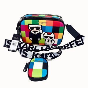 NWT KARL LAGERFELD PARIS ANIMATED COLORBLOCK CROSSBODY BAG W/ CHOUPETTE & POUCH